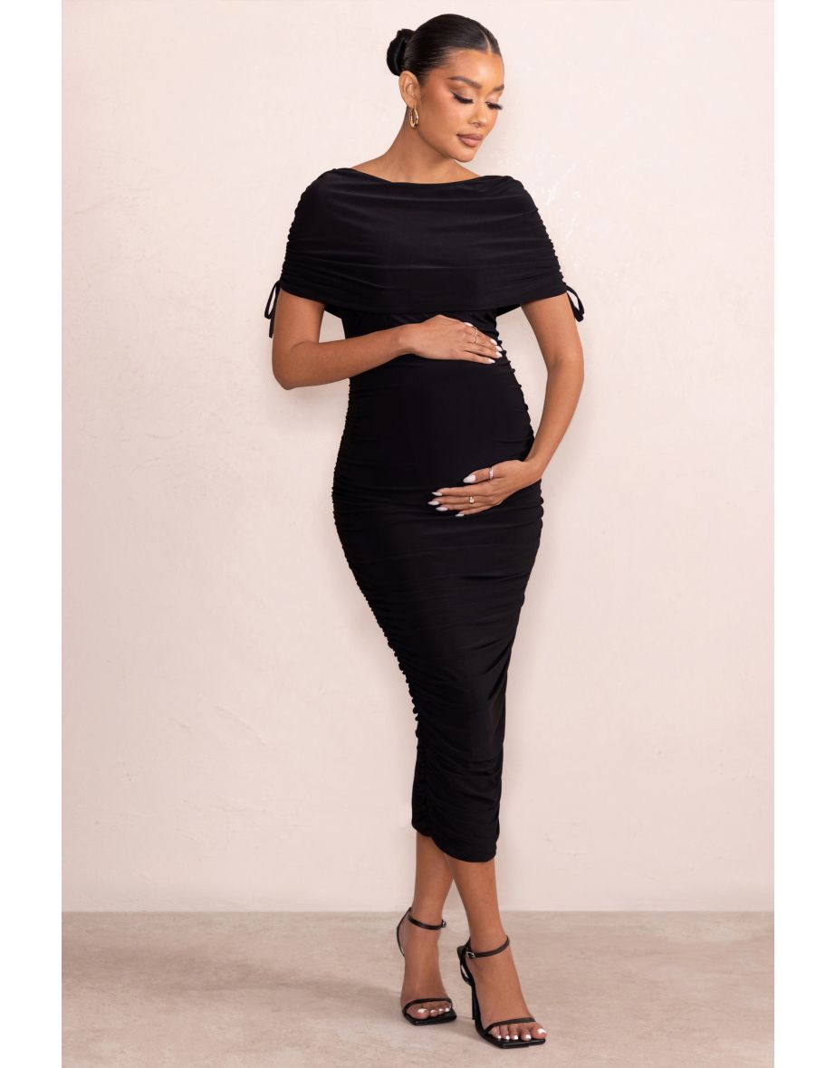 Roxanne | Black Ruched Bardot Maternity Midi Dress - 4