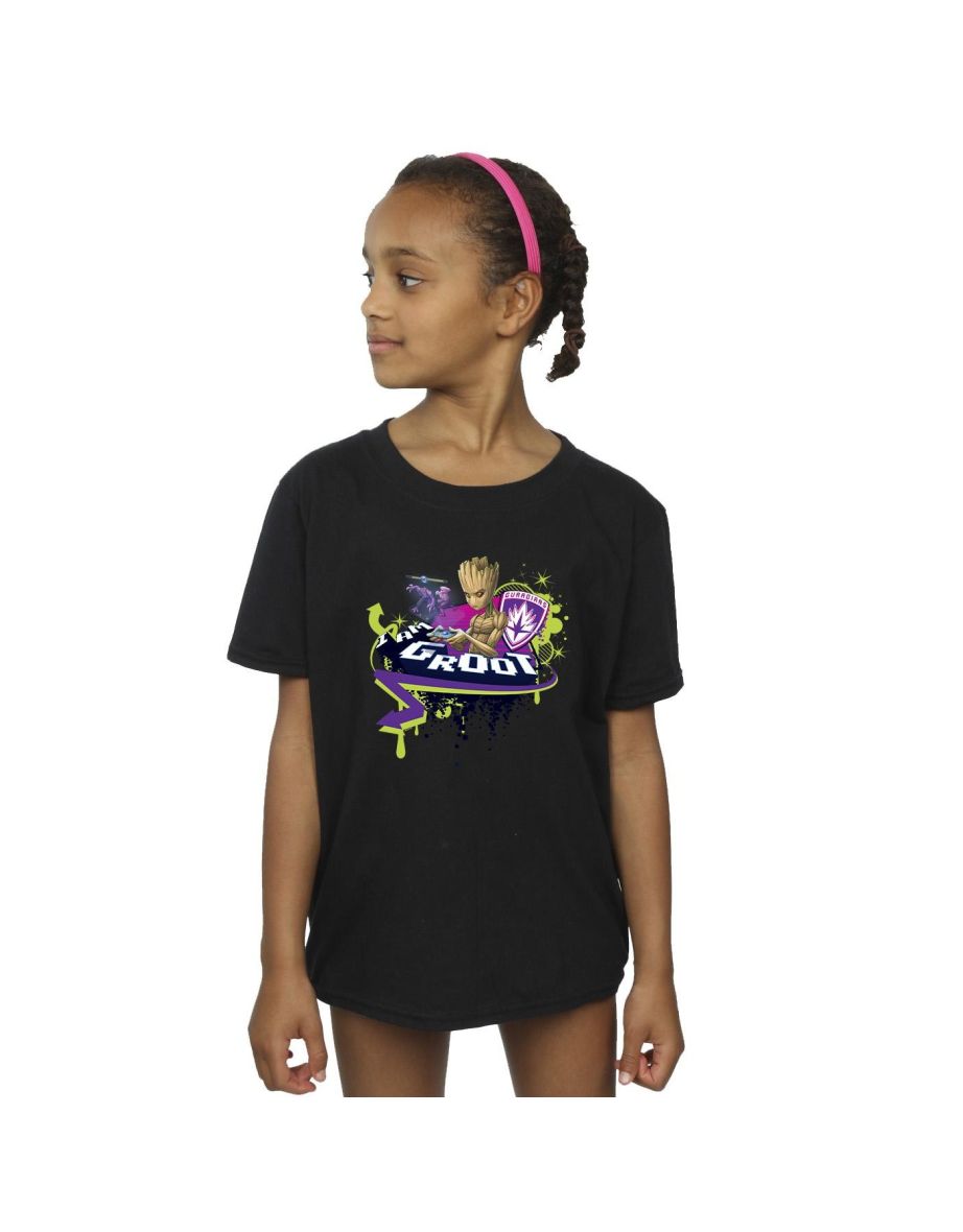 Marvel Girls Guardians Of The Galaxy Groot Gaming Holo Cotton T-Shirt - Black