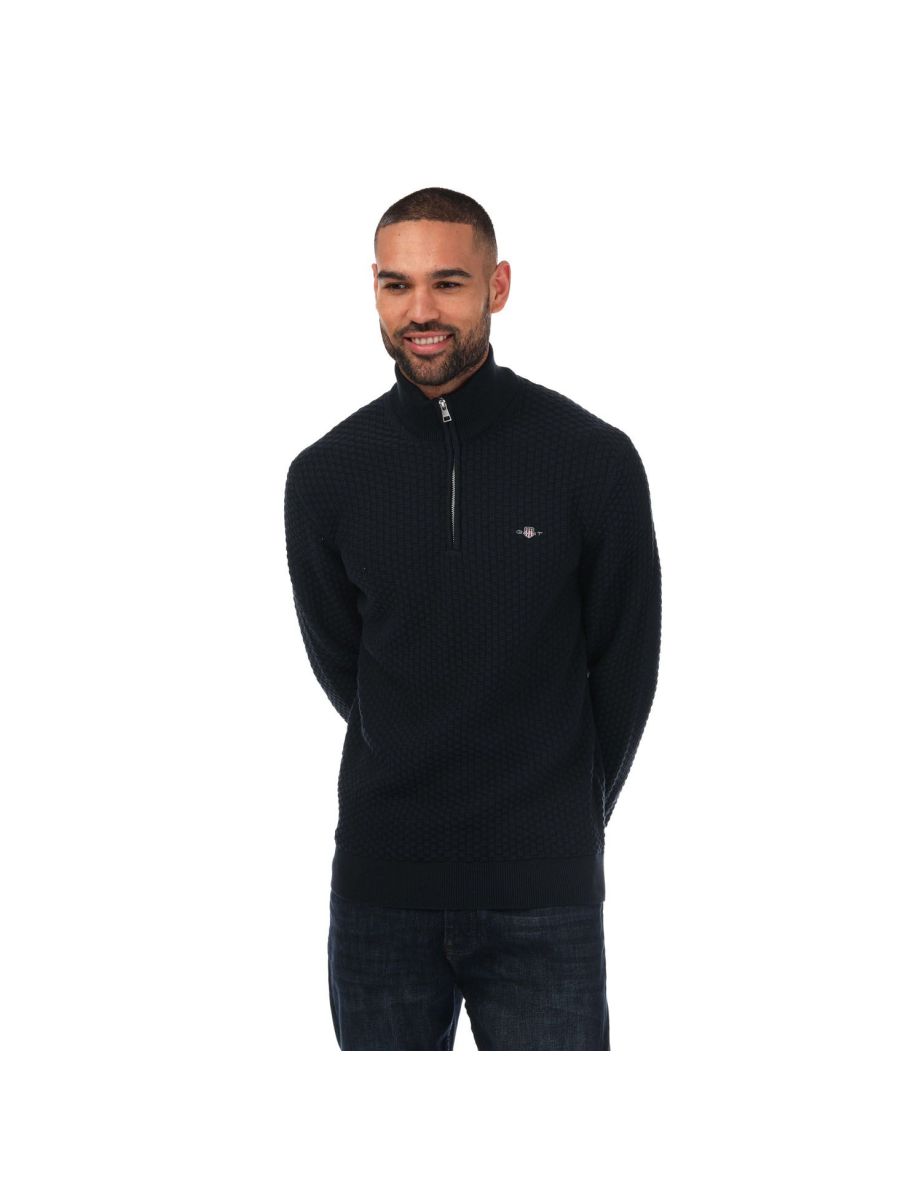 Men's Gant Textured Cotton Half-Zip Jumper in Blue