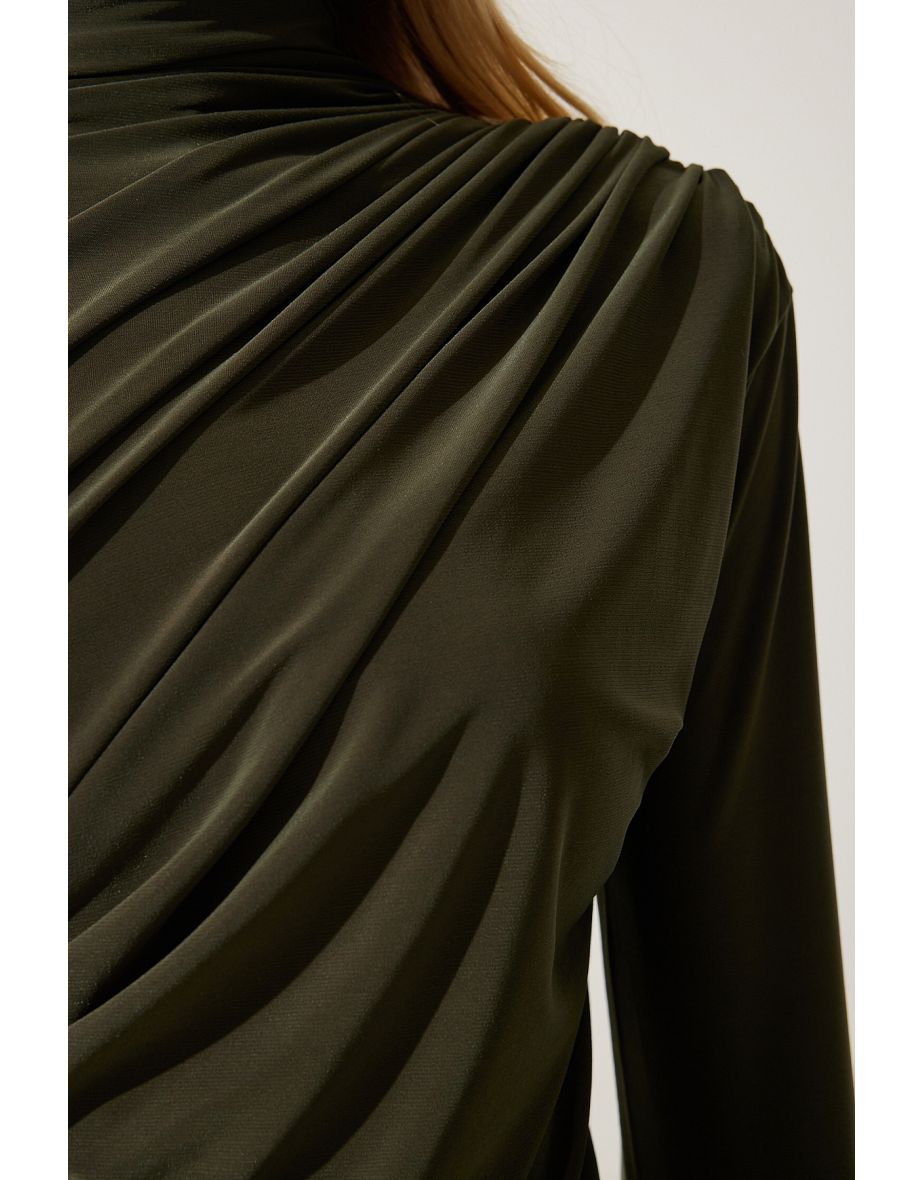Women's Khaki Gathered Detailed High Neck Sandy Blouse - 4