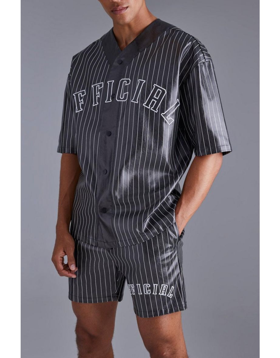 Short Sleeve Oversized Pu Baseball Shirt & Short Set - black - 2