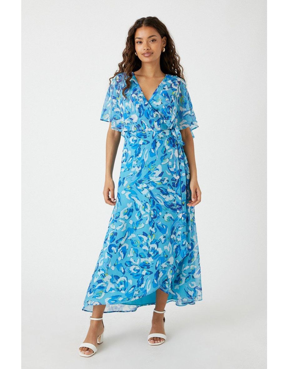 Petite Aqua Foil Abstract Print Angel Sleeve Midi Dress