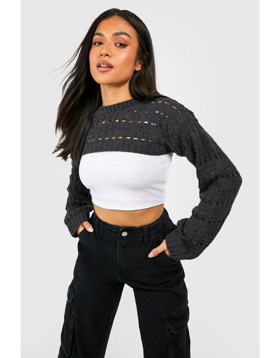 Petite Wide Crochet Knitted Bolero - charcoal - 3