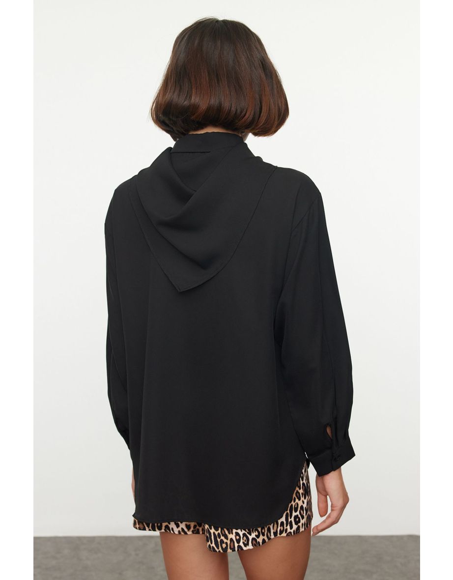 Black Shoulder Shawl Detailed Oversize Wide Fit Shirt - 4