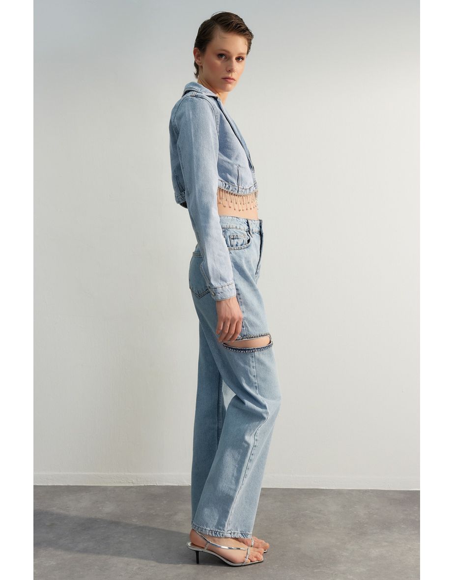 Extremely slimming pair of nine-point straight cigarette pants MiniBrand  blue raw edge modified leg jeans