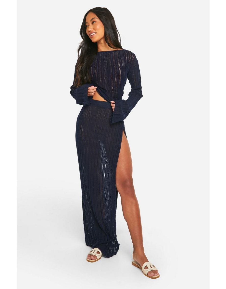 Tie Back Top And Thigh Split Maxi Skirt Crochet Knit Set - navy
