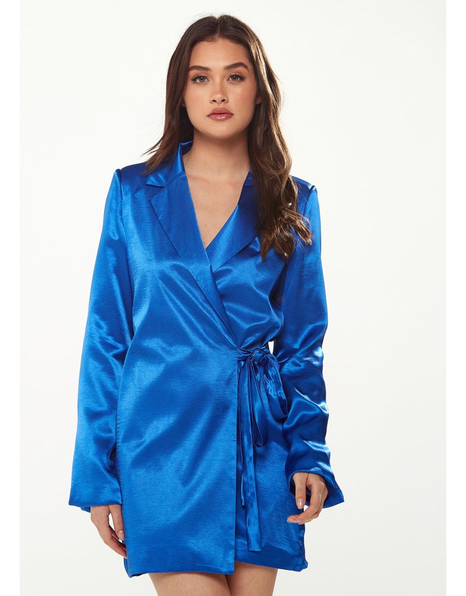 Women's Blazer Dress in Bold Blue Satin with Slit Sleeves and Unique Waist Tie