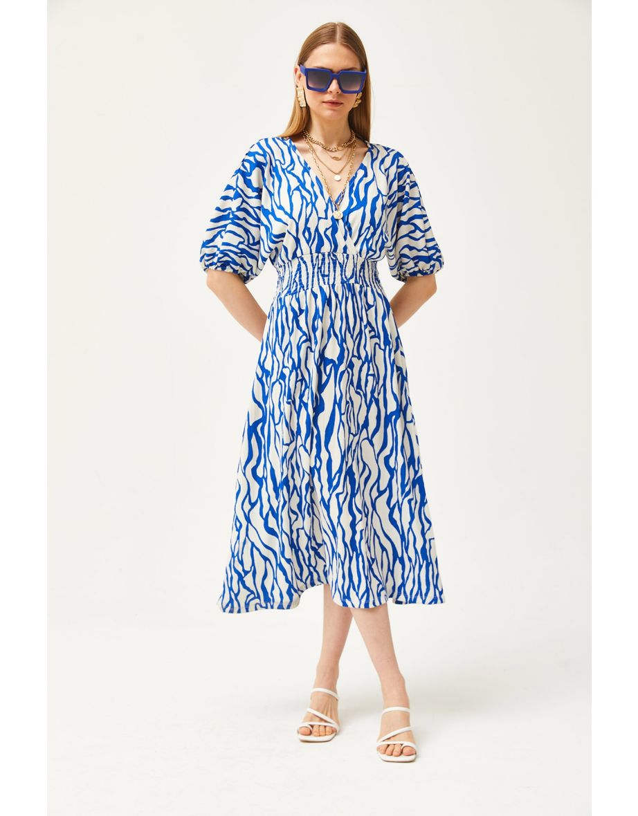 Women's Saks Blue Gipped Waist Double Breasted Collar Midi Dress - 5