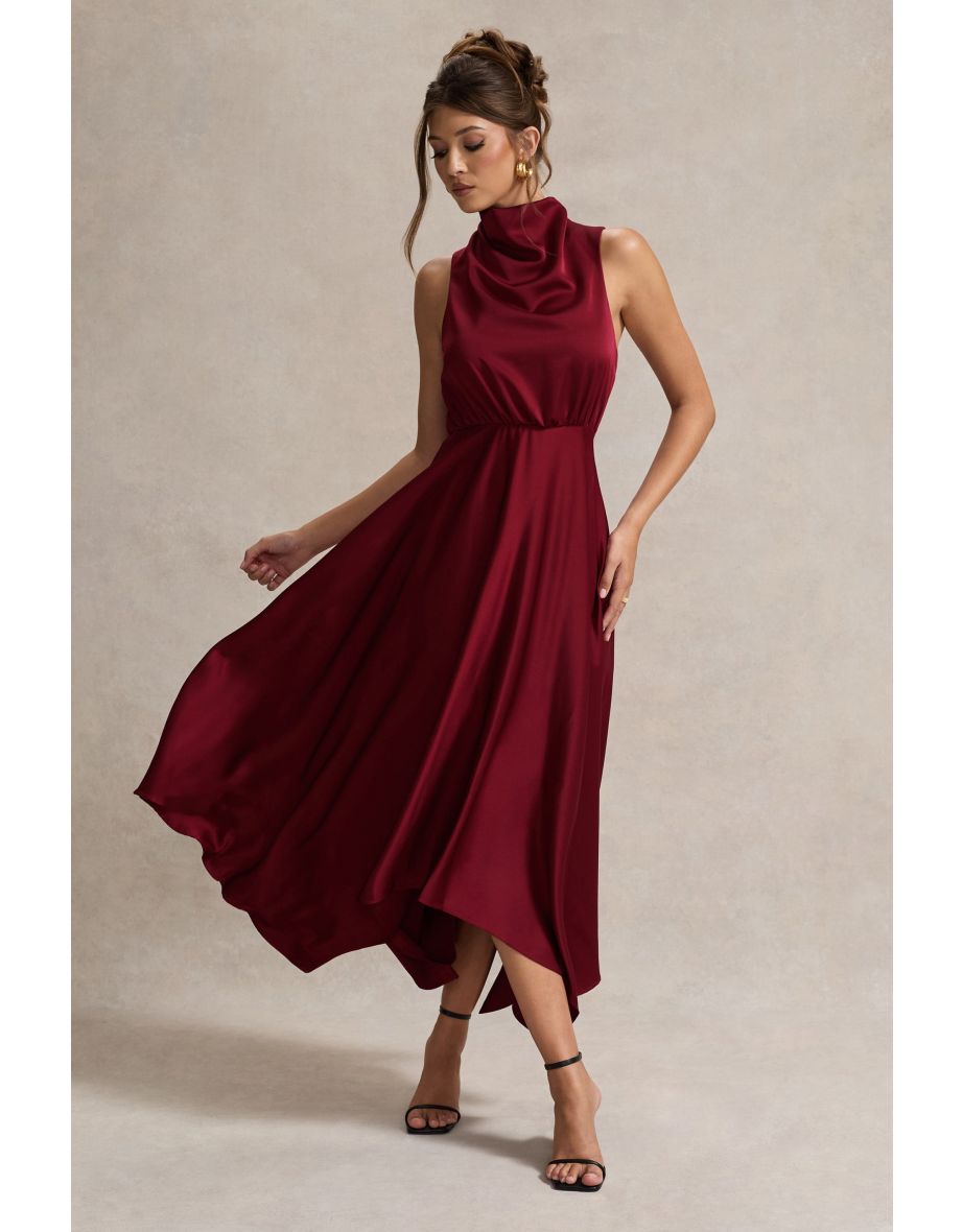 Kerri | Berry Satin Cowl-Neck Maxi Dress - 4