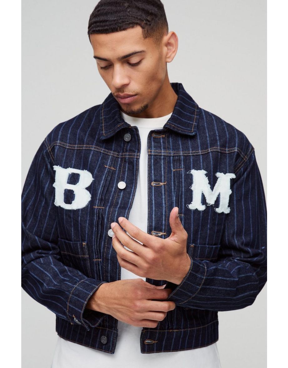 Relaxed Pinstripe Denim Applique Harrington Jacket - dark blue - 2