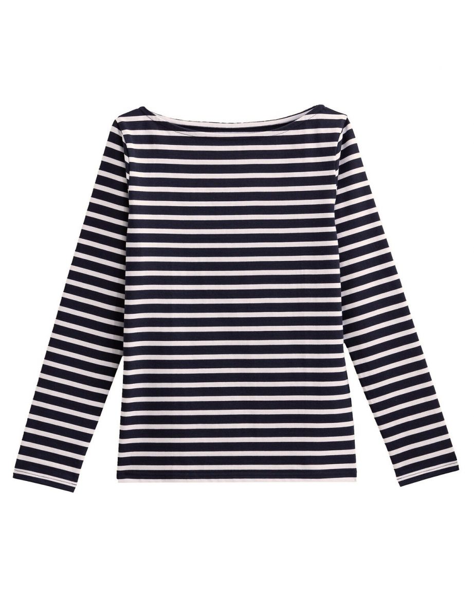 Breton Striped Cotton T-Shirt with Boat Neck and Long Sleeves - 4