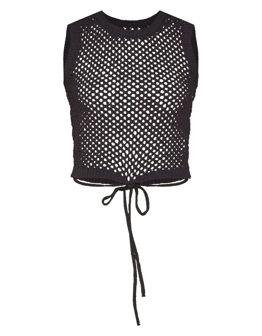 Black Textured Crochet Tie Detail Racer Neck Top - 4
