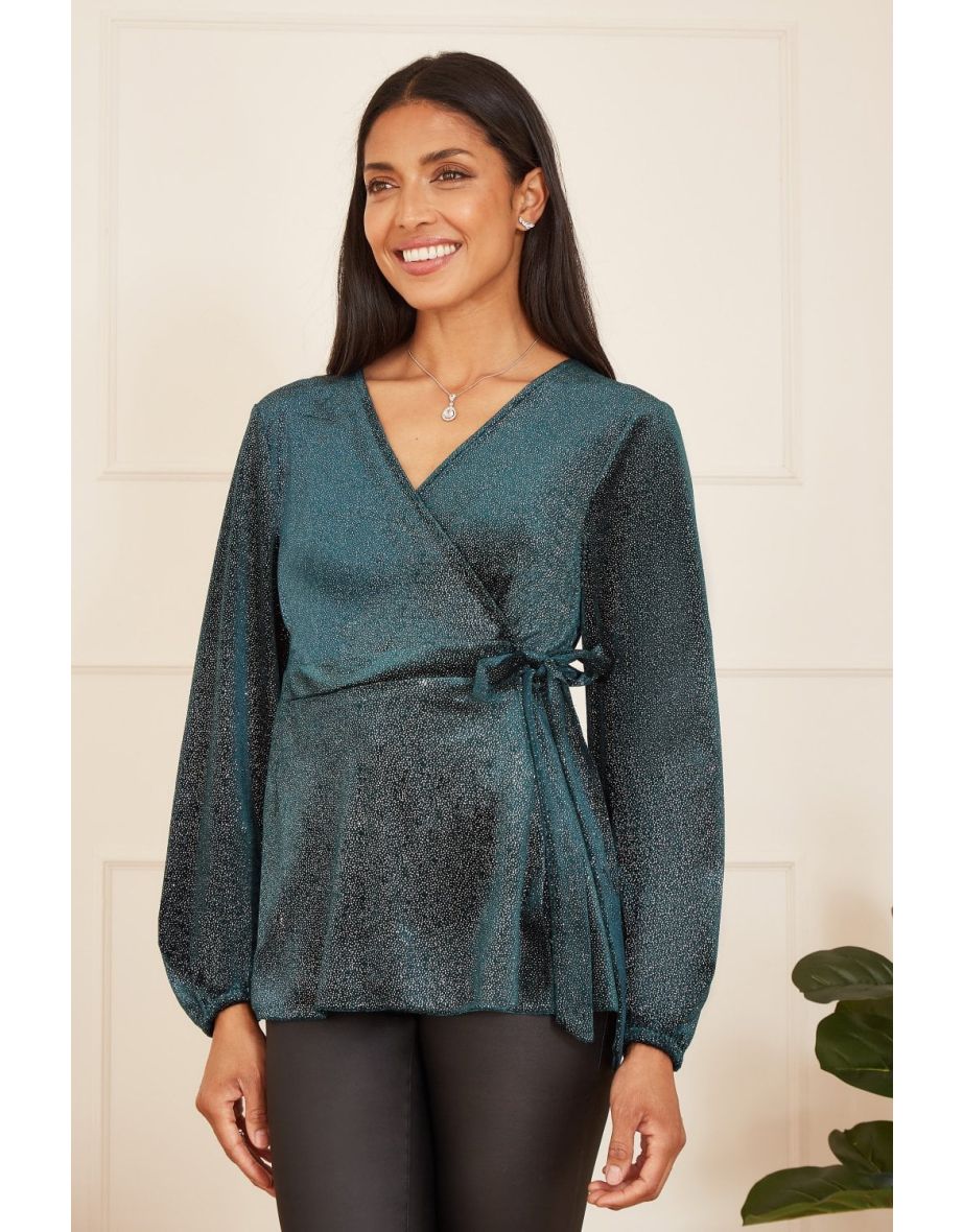 Yumi Green Sparkle Velvet Wrap Top With Long Sleeves
