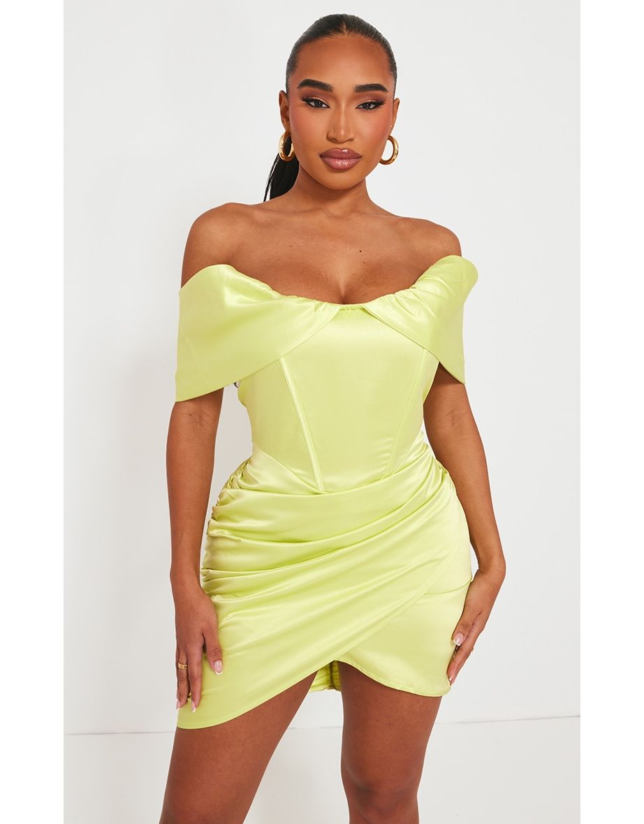 Shop Shape Lime Ruched Corset Detail Bardot Bodycon Dress Online in Lebanon  | VogaCloset