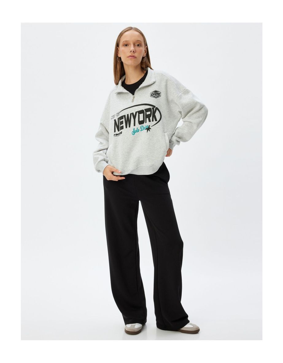 Half Zipper Sweatshirt Printed Stand Collar Pocket Detail Raised