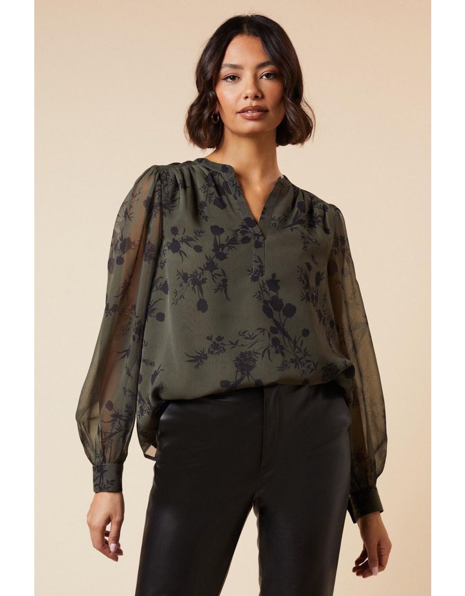 Khaki Floral Chiffon Overhead Shirt