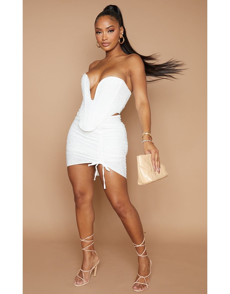 Shape Cream Textured Ruched Side Bodycon Skirt