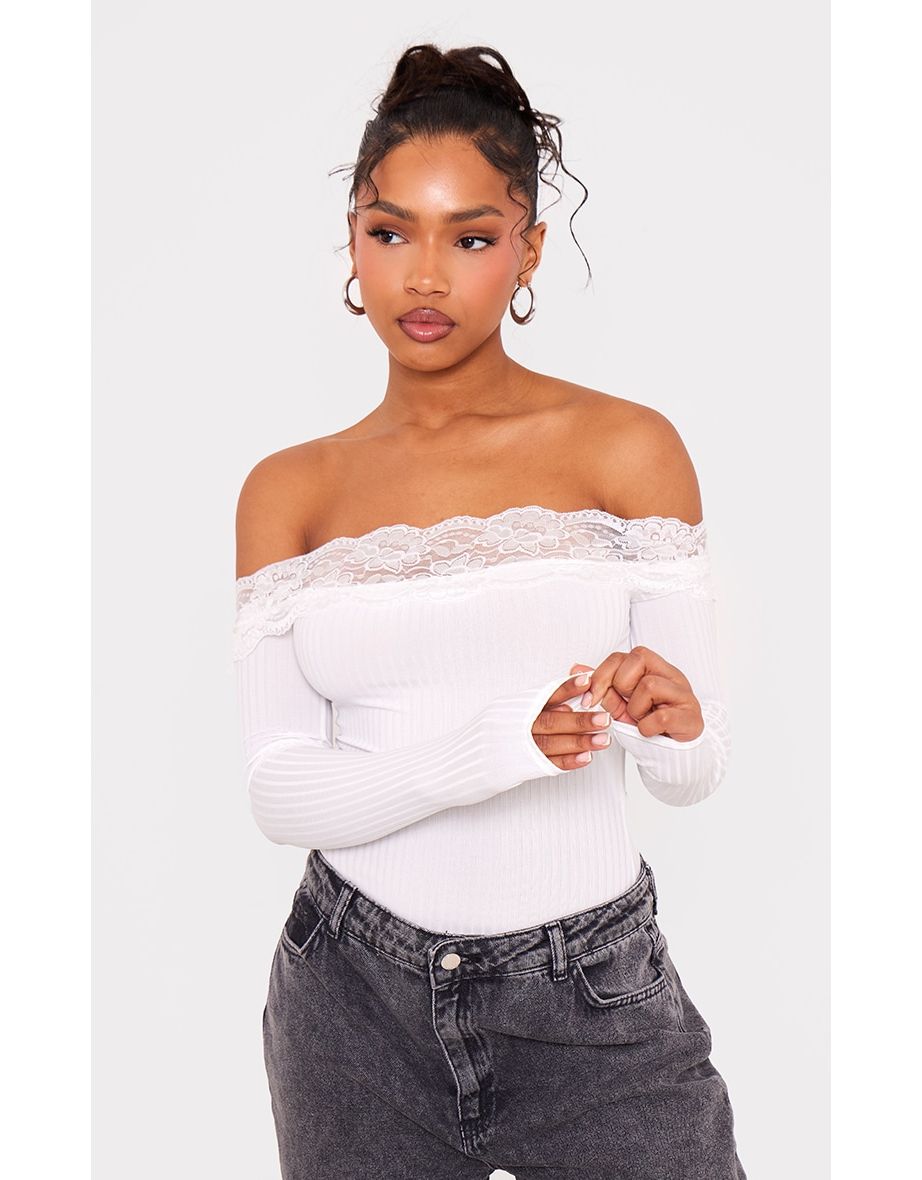 White Lace Trim Bardot Rib Bodysuit