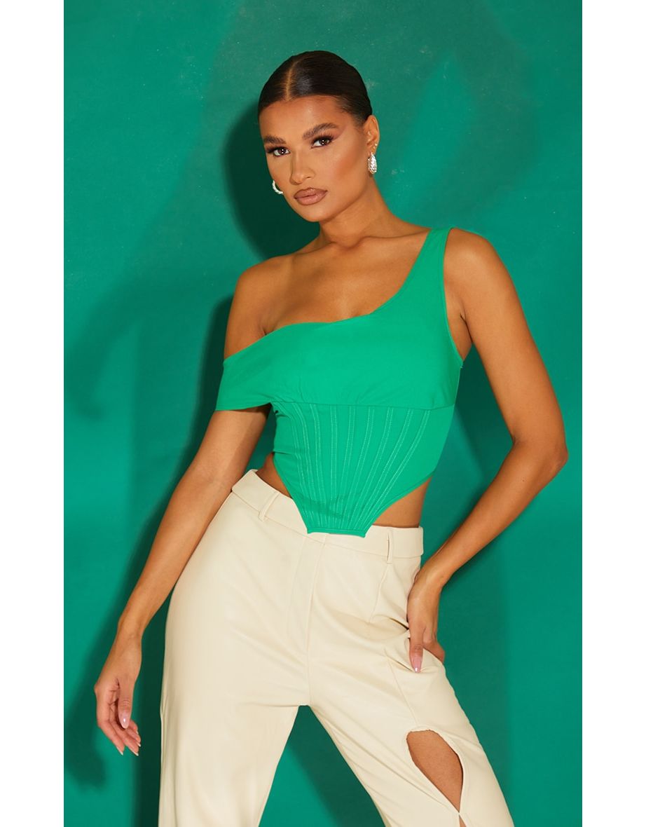 Bright Green Woven Aysmmetric Draped Cowl Neck Corset Crop Top