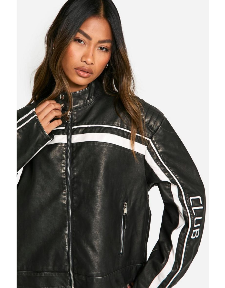 Fitted Faux Leather Embroidered Moto Jacket - grey - 3