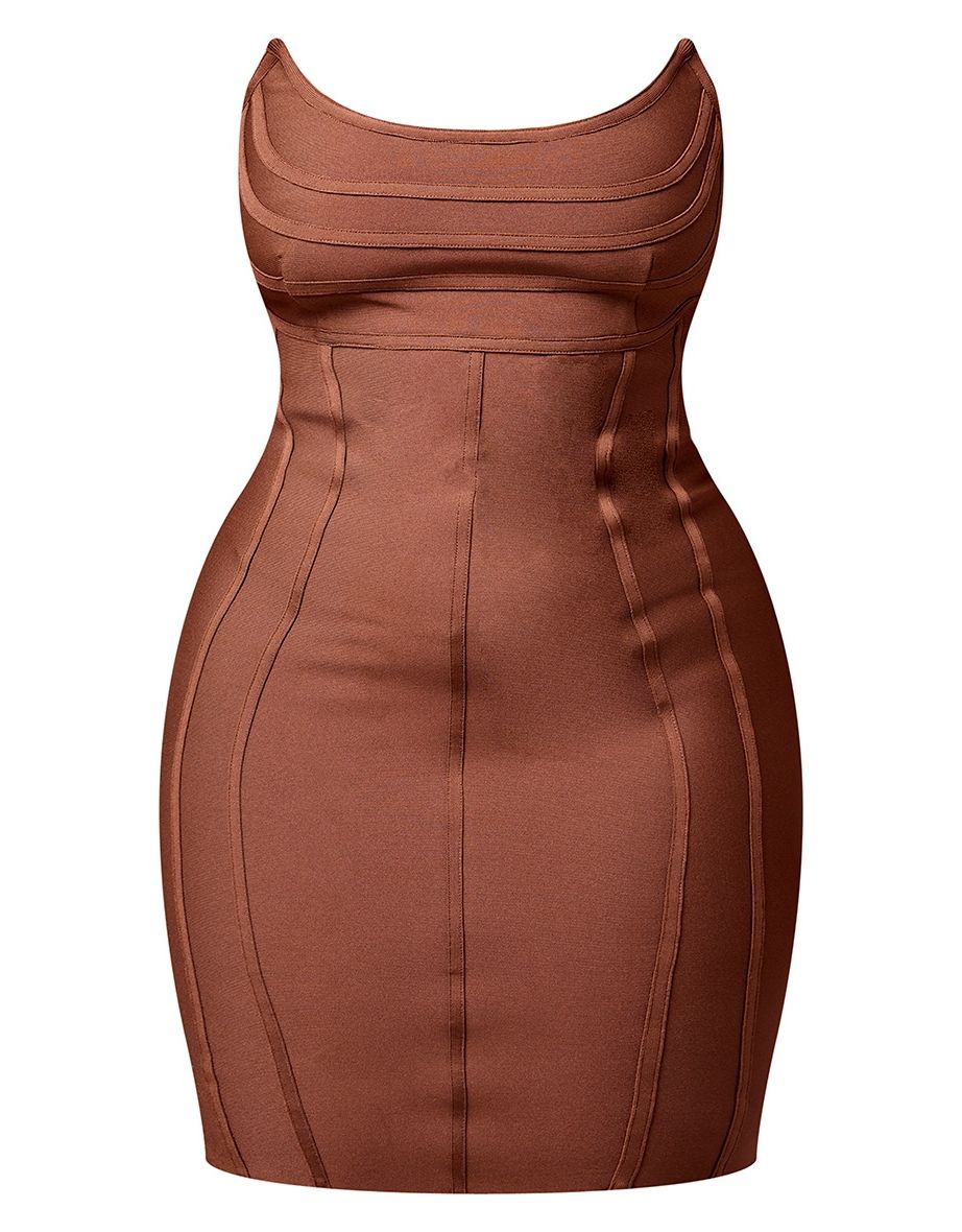 Plus Chocolate Brown Bandage Pointed Bandeau Panelled Bodycon Dress - 4