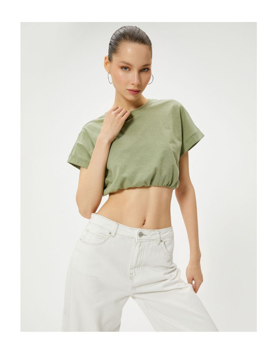 Crop T-Shirt Elastic Hem Short Sleeve Crew Neck Cotton
