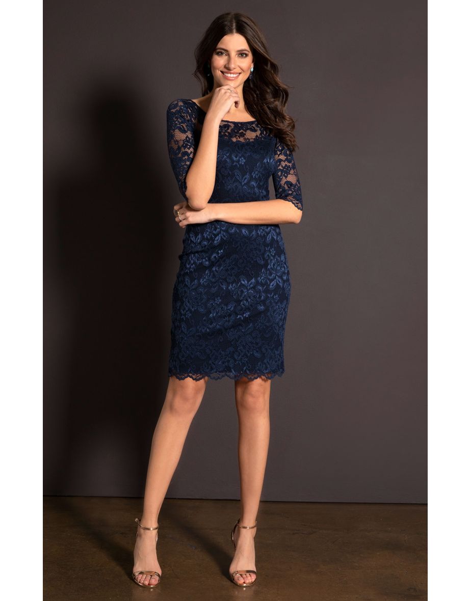 Navy Floral Embroidered Bodycon Midi Dress - 4