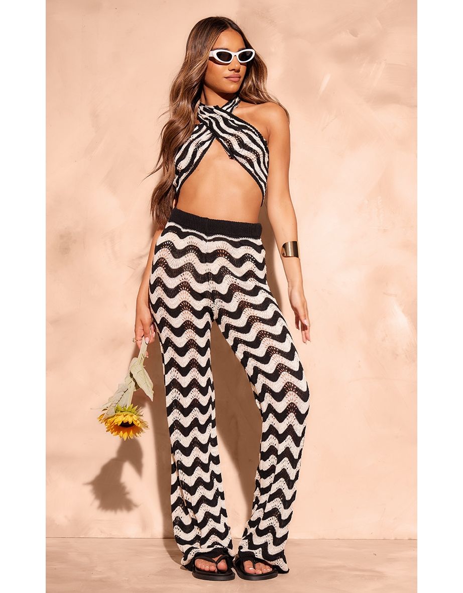 Monochrome Zig Zag Crochet Beach Top And Trouser Set