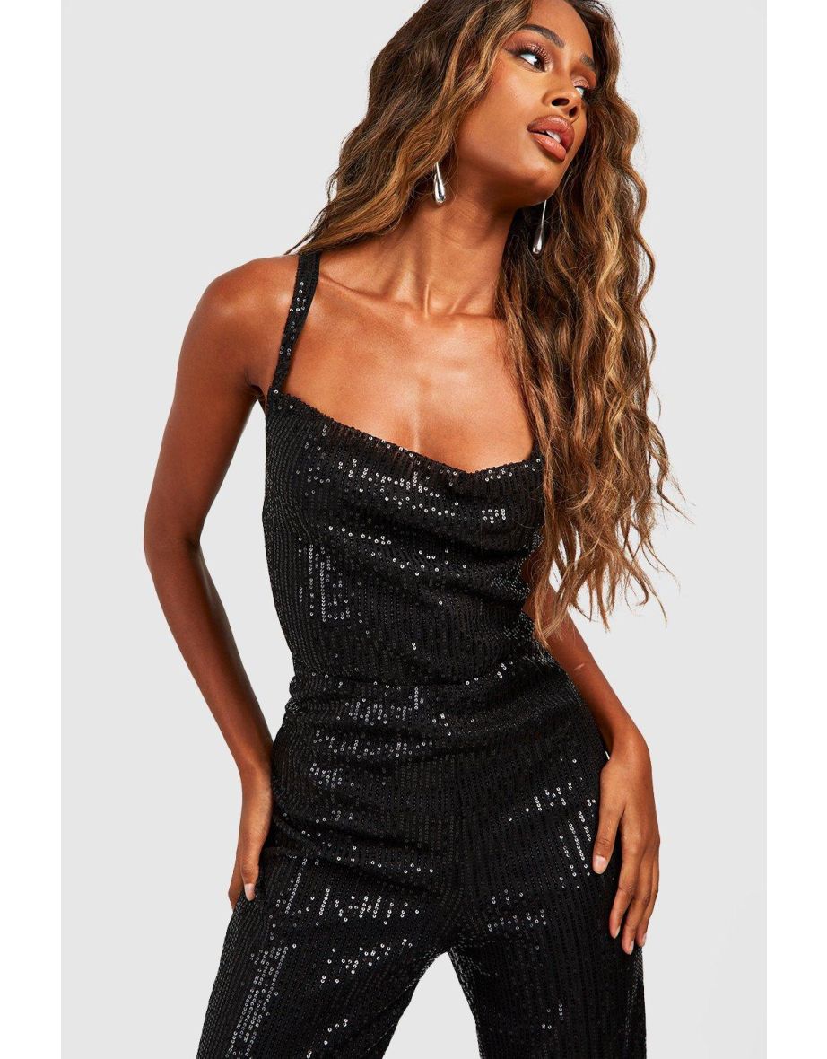 Sequin Cowl Neck Wide Leg Jumpsuit - black - 3