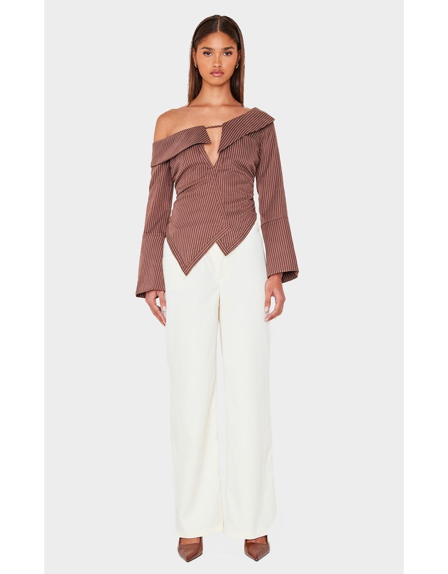Brown Soft Touch Striped Plunge Shirt