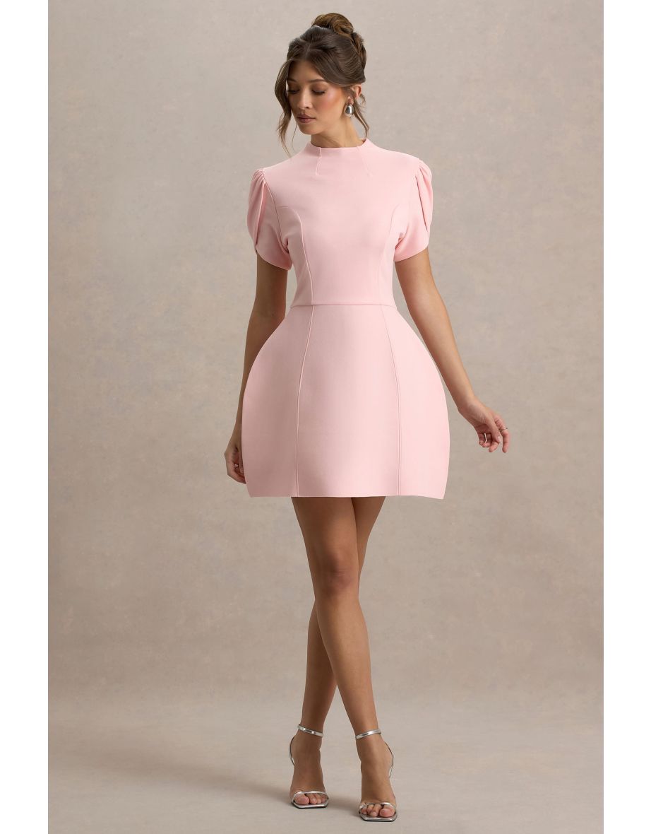 Carabella | Pink High-Neck Short-Sleeve Mini Dress