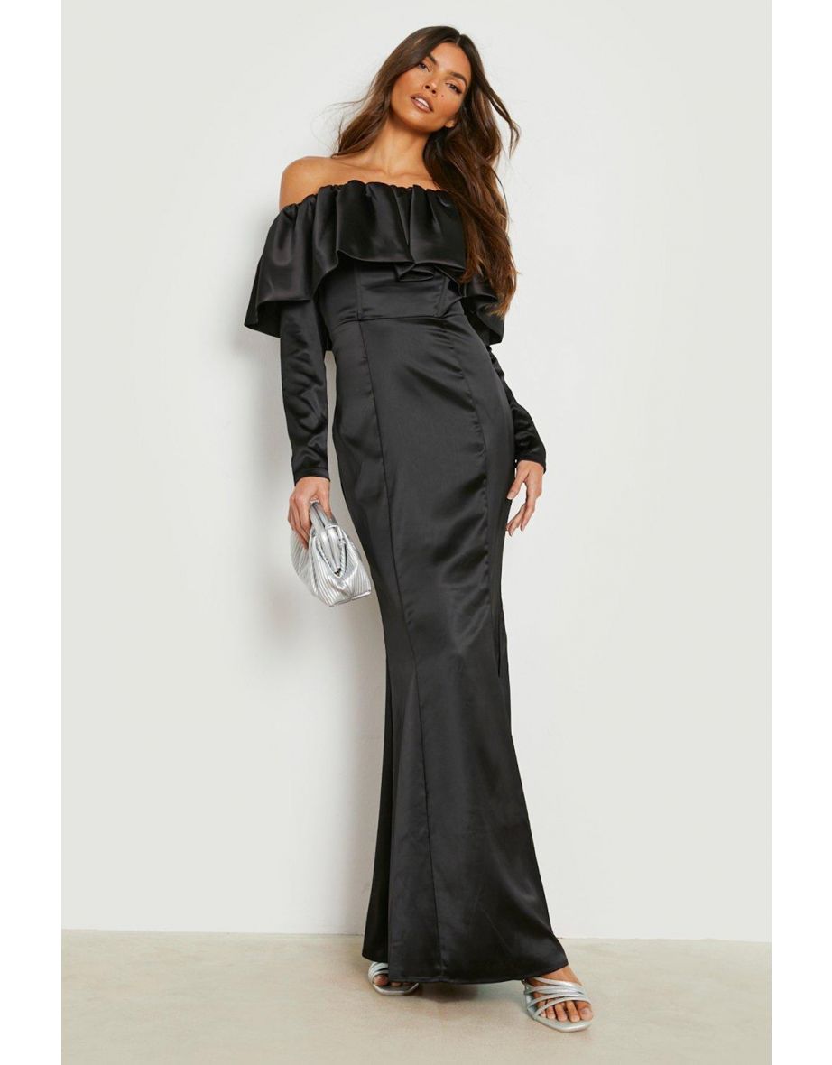 Satin Bardot Frill Detail Maxi Dress - black