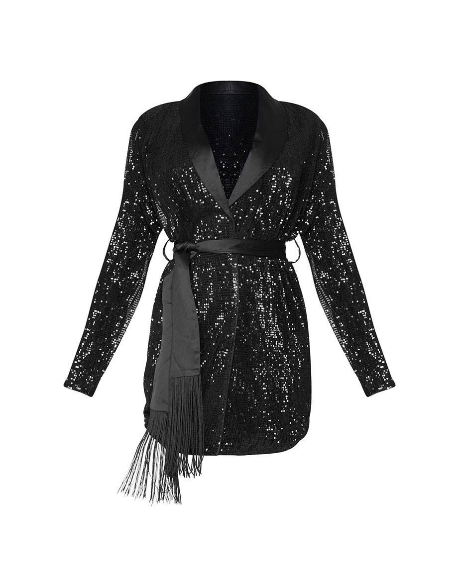 Black Sequin Tassel Tie Detail Blazer Dress - 4