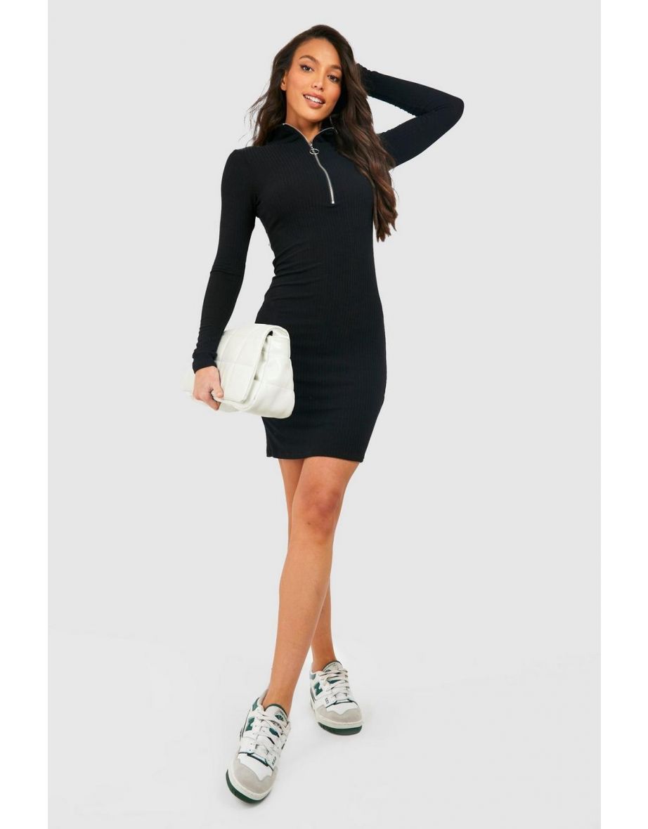 Tall Long Sleeve Zip Front Knitted Rib Mini Dress - black