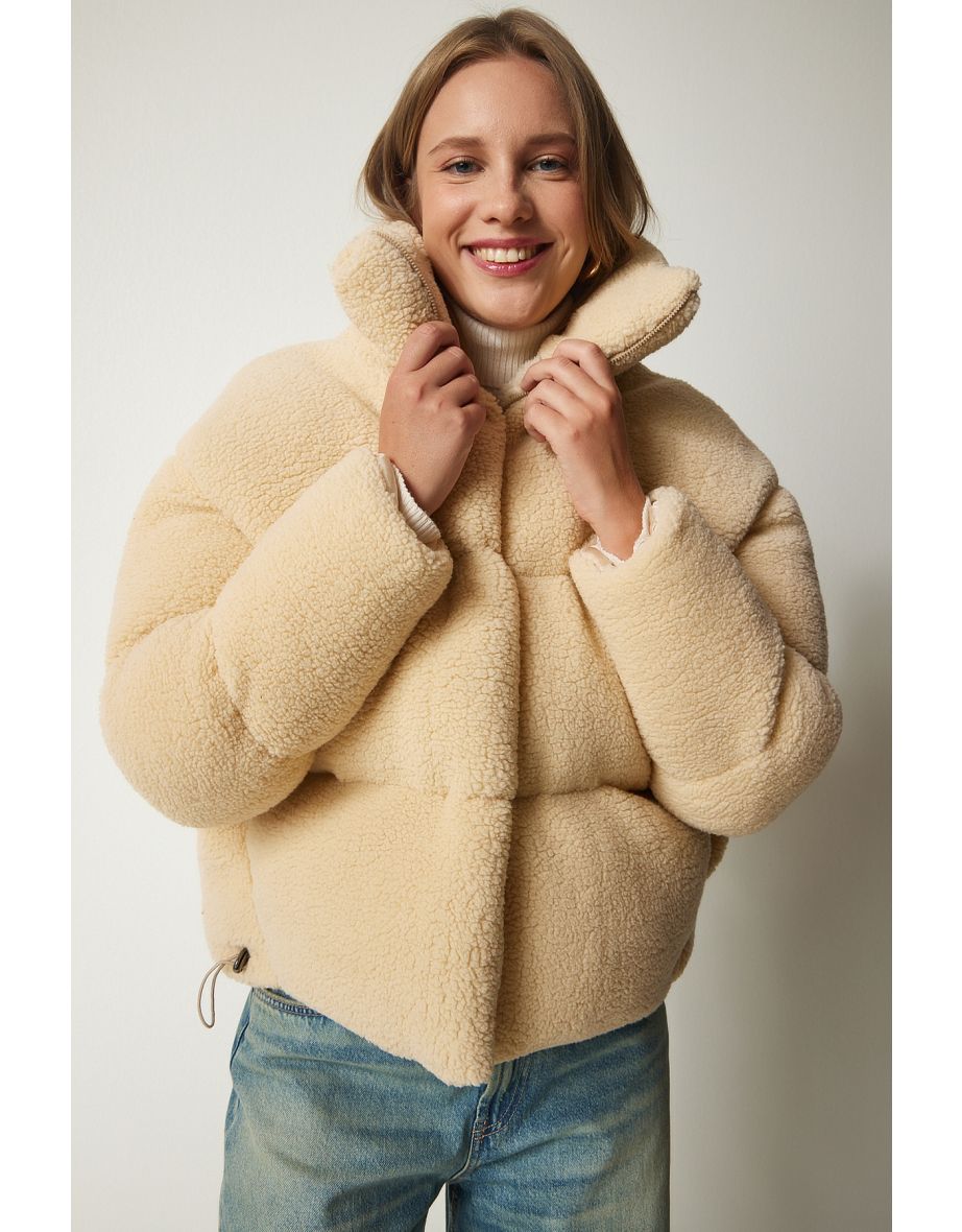Women's Cream Stand Up Collar Fluffy Down Jacket