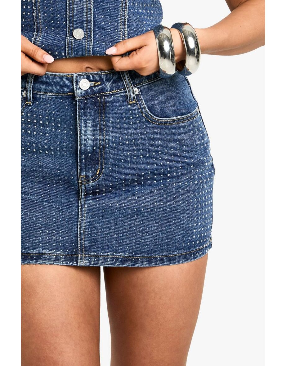 Diamante Denim Mini Skirt - dark wash - 3