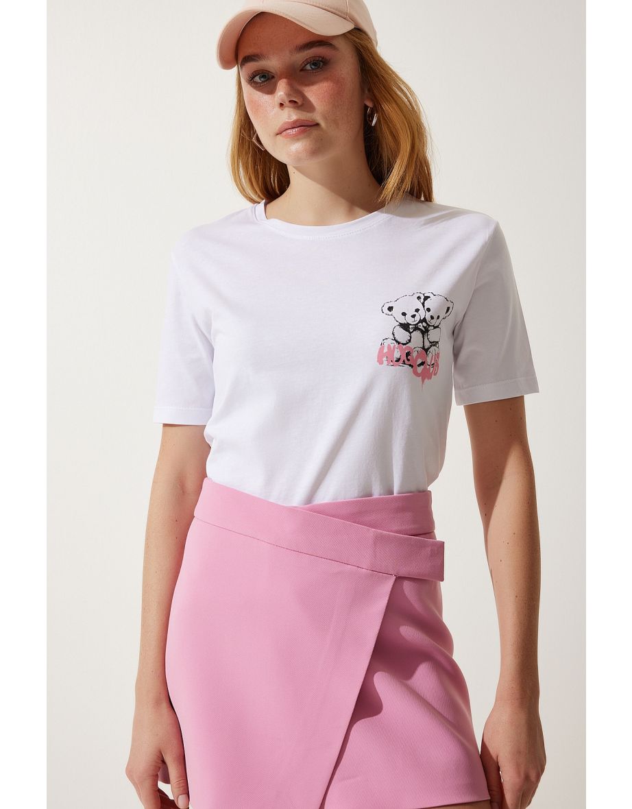 Women's White Teddy Bear Print Knitted T-Shirt