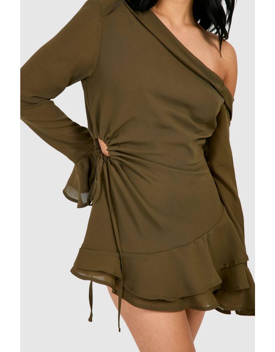 Petite Bardot Chiffon Long Sleeve Mini Dress - olive - 3
