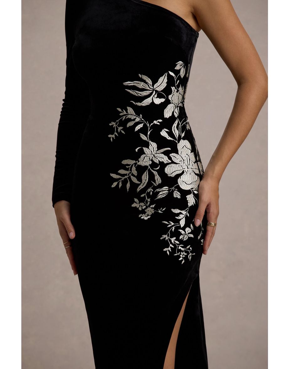 Chance | Black Embroidered Velvet One-Sleeve Dress - 6