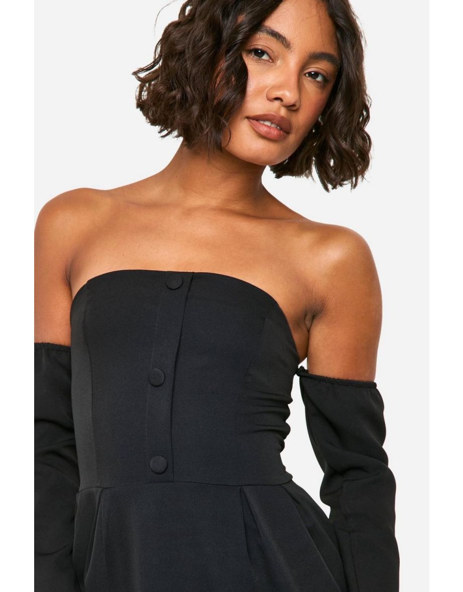 Tall A-Line Bardot Long Sleeve Mini Dress - black - 3