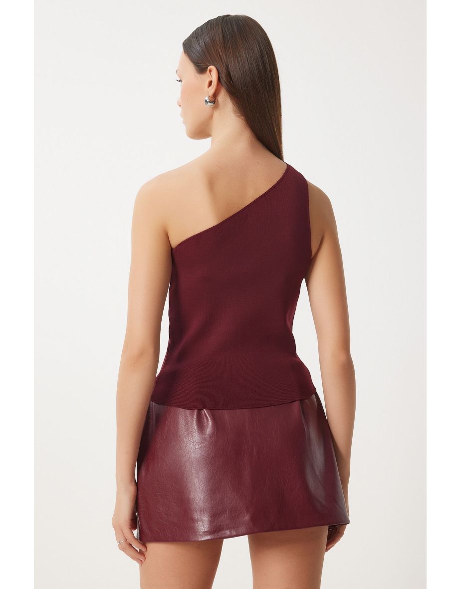 Women's Burgundy One Shoulder Wrap Knit Top - 4