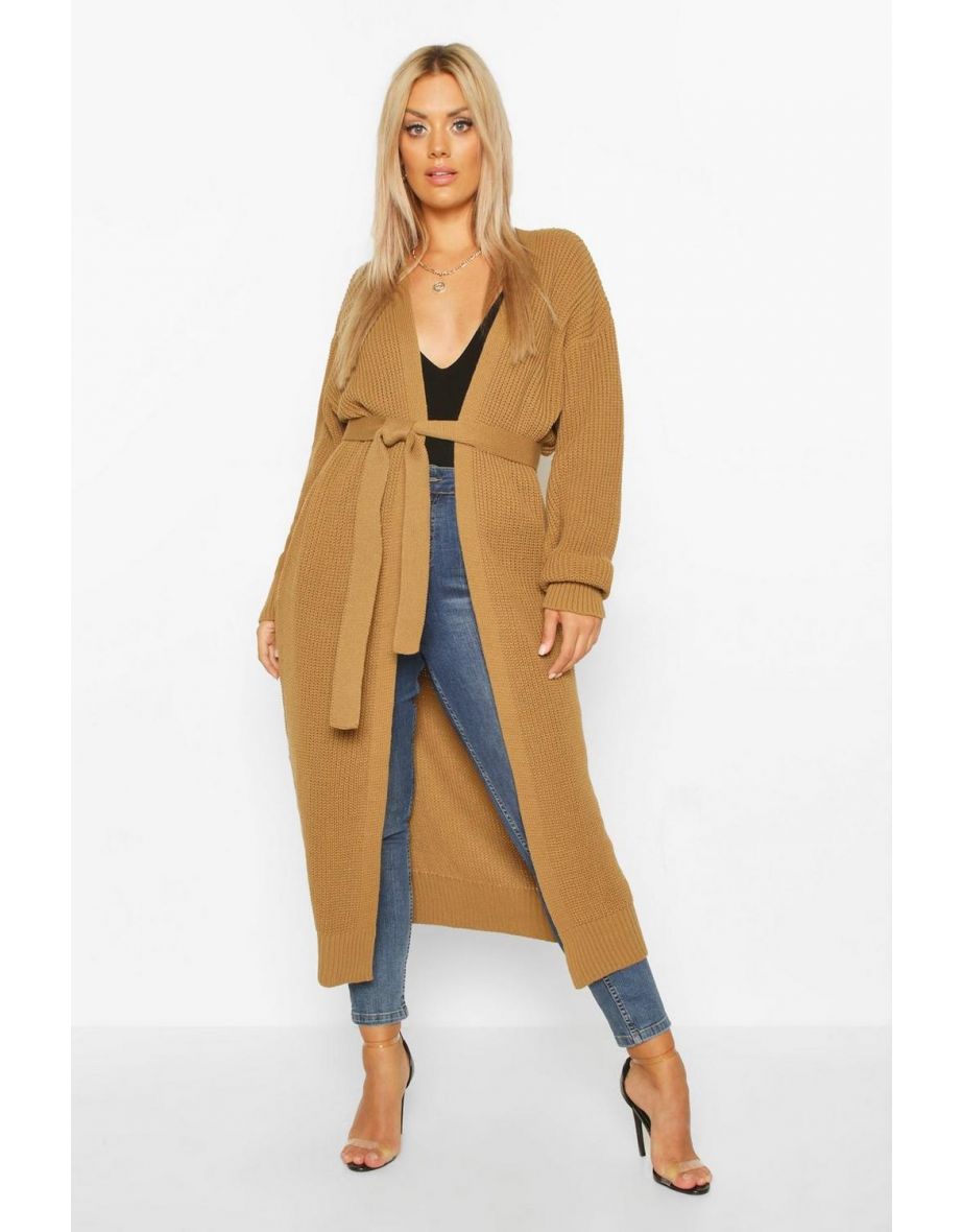 Plus Longline Knitted Maxi Cardigan - camel