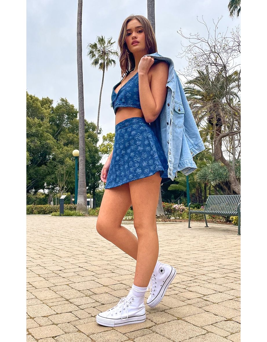 Indigo Floral Print Denim A Line Mini Skirt
