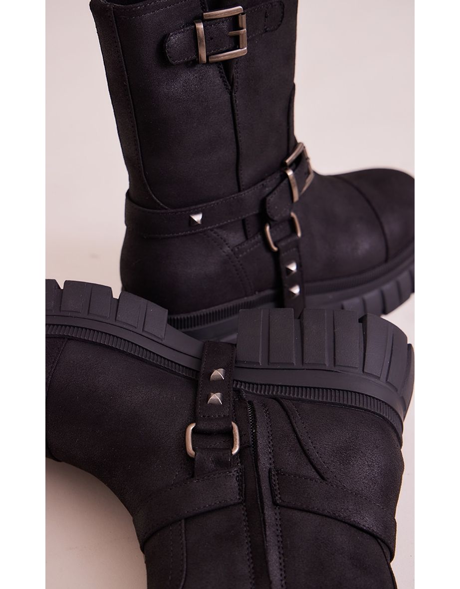 Faux Suede Round Toe Buckle Detail Chunky Platform Ankle Boots - 3