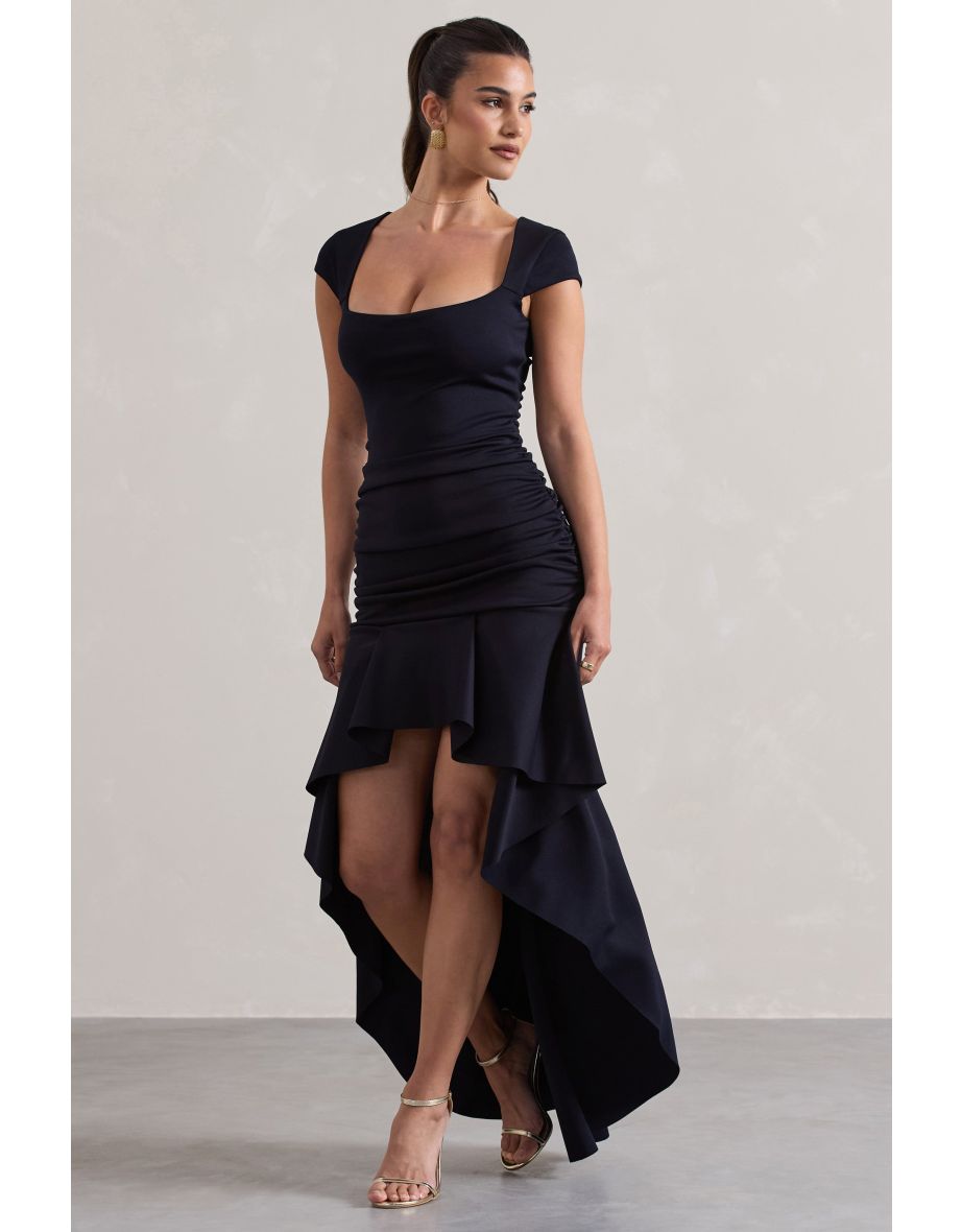 Parisa | Navy Ruched Short-Sleeve High-Low Maxi Dress - 4