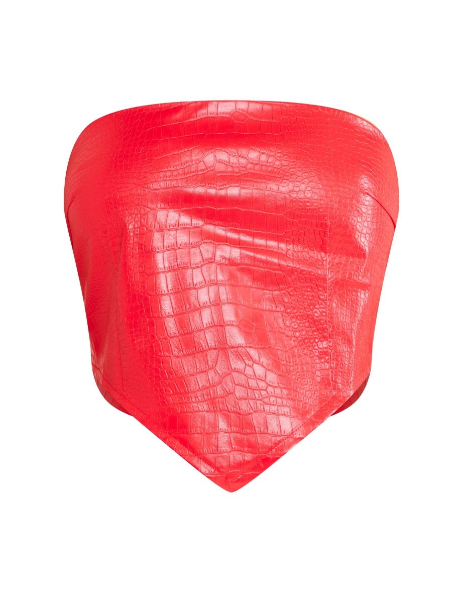 Shape Red Faux Leather Croc Print Bandeau Crop Top - 4