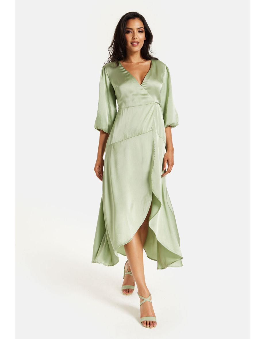 Women's Midi Wrap Dress in Sage Green with Short Puff Sleeves .