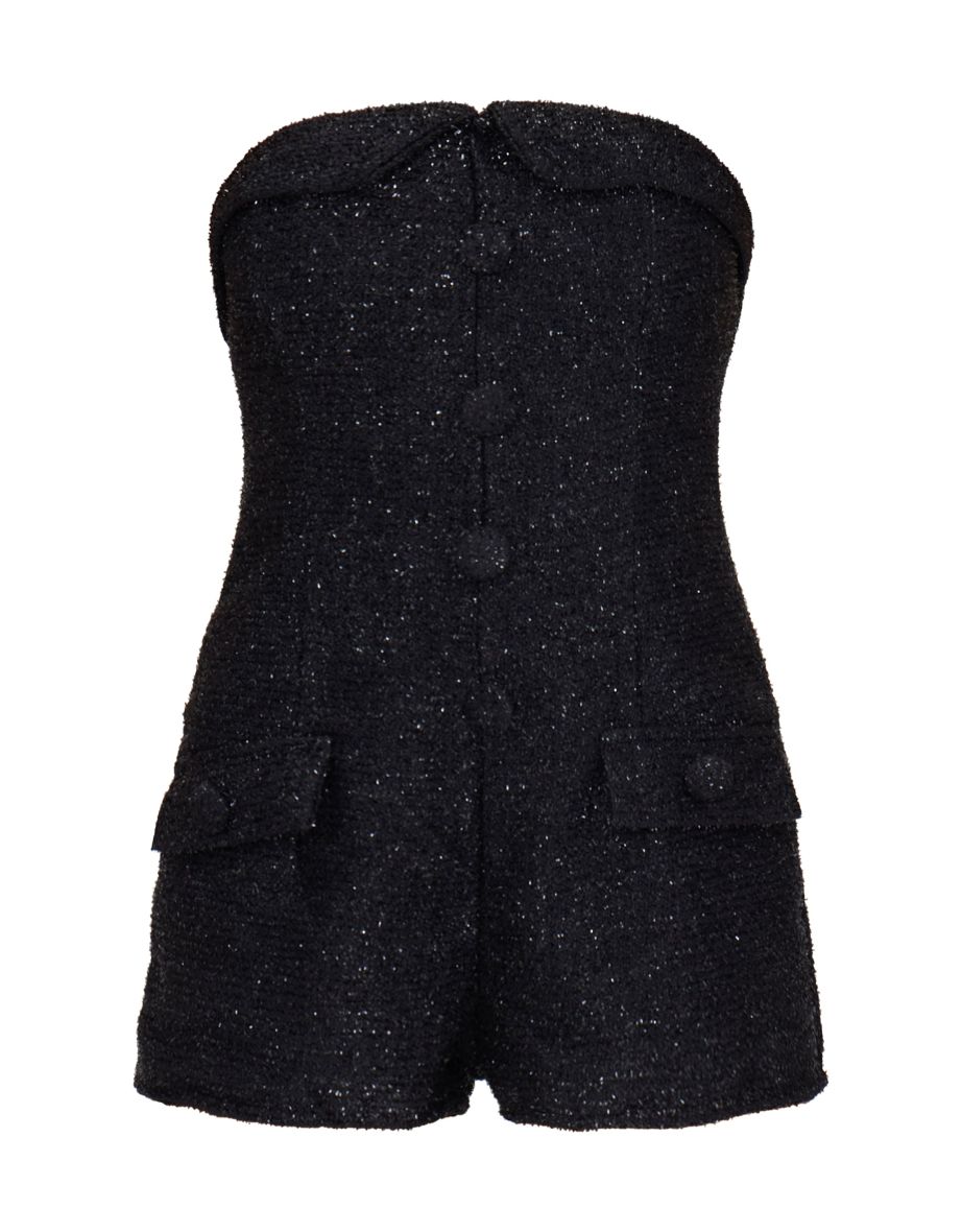 Black Tweed Bandeau Button Detail Playsuit - 4