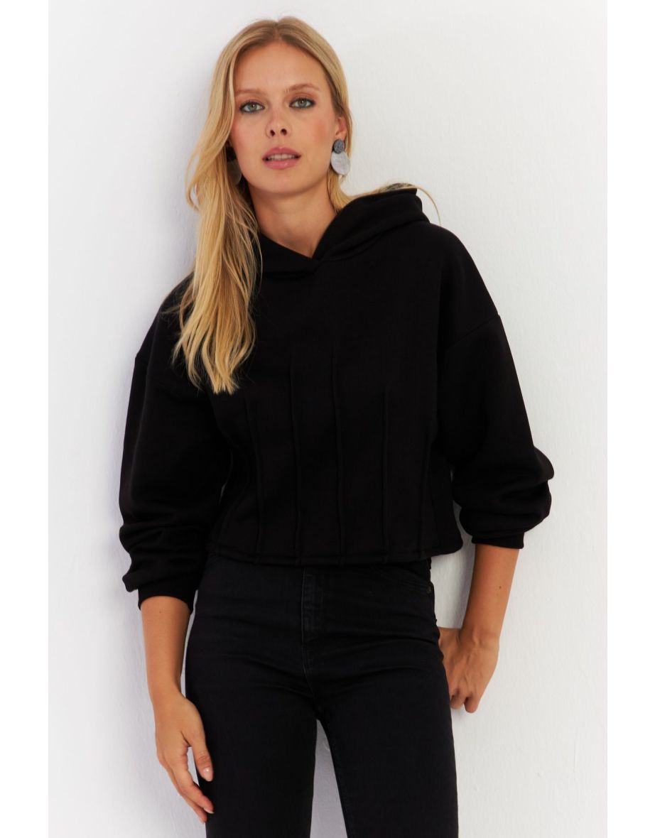 Women's Black Ribbed Three Thread Hoodie