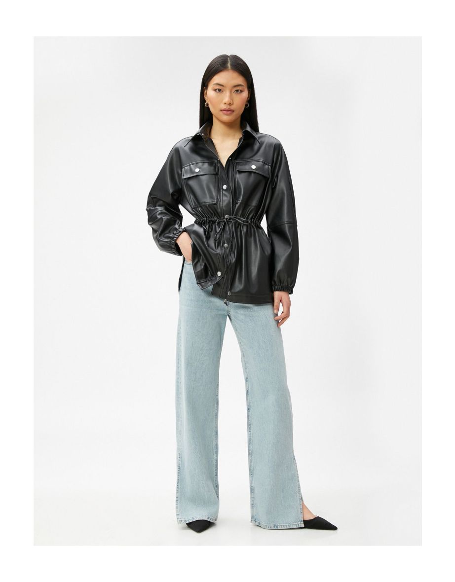 Faux Leather Jacket Pockets Gathered Waist